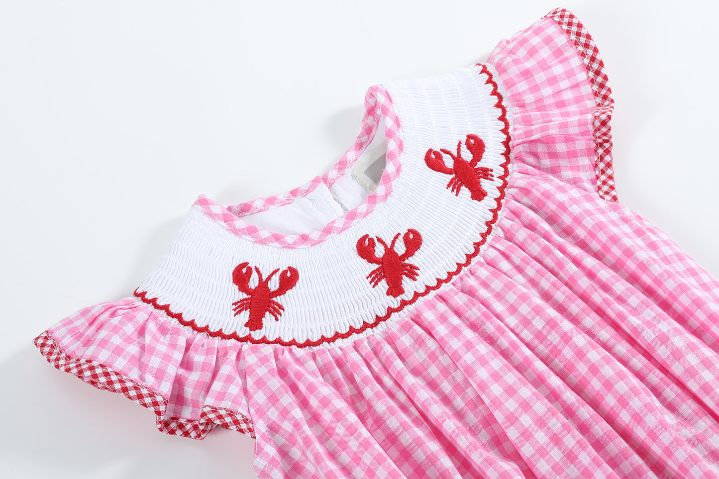 Pink Gingham Crawfish Smocked Flutter Romper