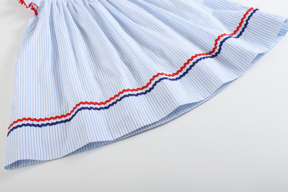 Blue Striped Americana Stars Smocked Bishop Dress