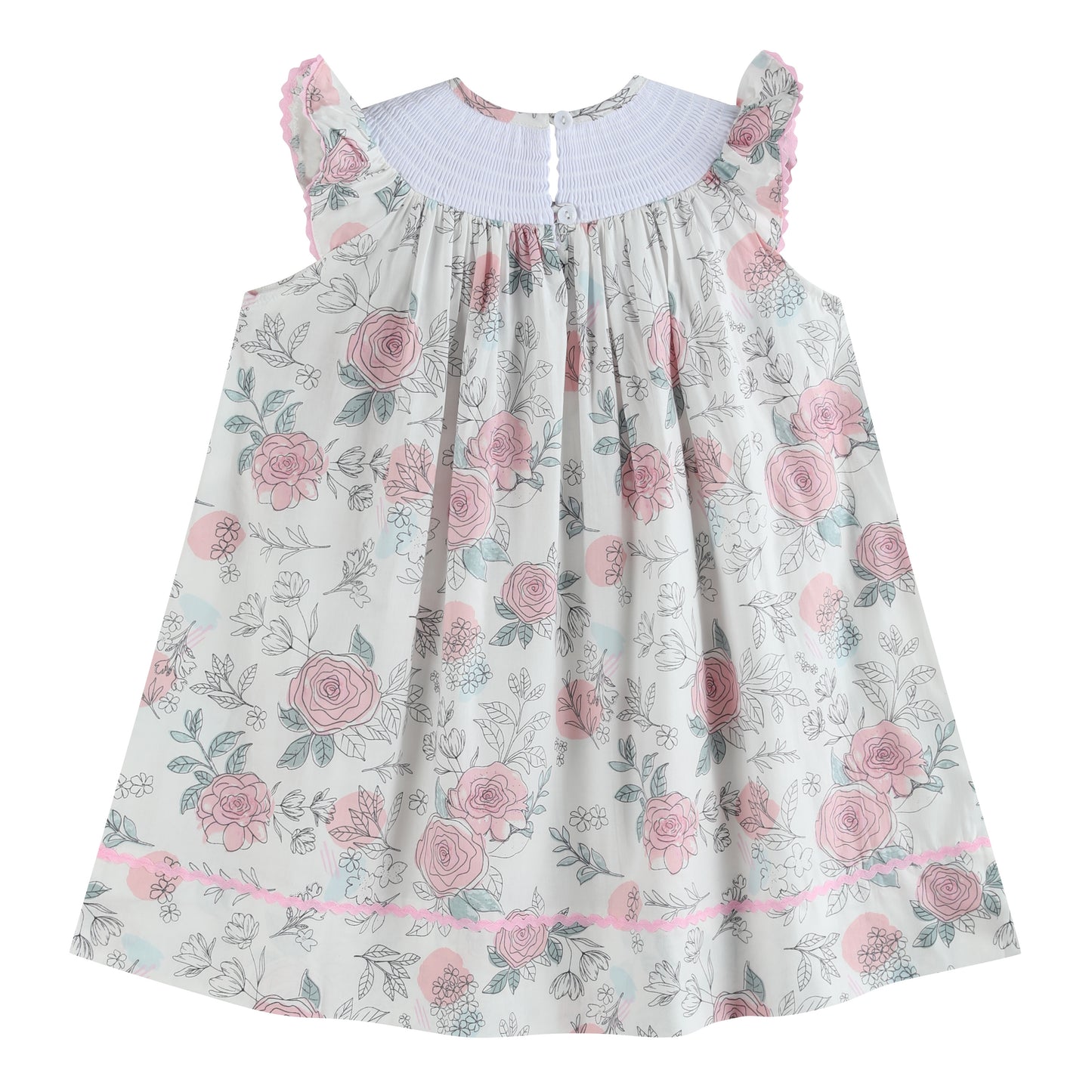 White and Pink Floral Smocked Bishop Dress