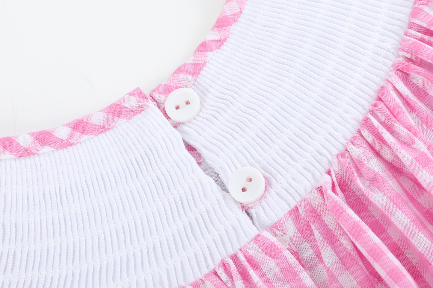 Pink Gingham Daisy and Hearts Smocked Bishop Dress