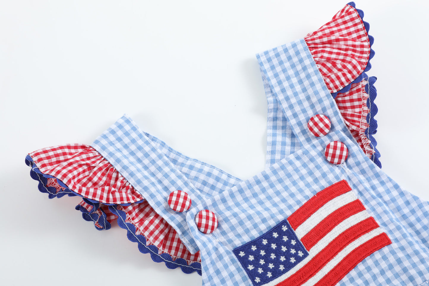 Light Blue and Red Gingham USA Flag Ruffle Romper