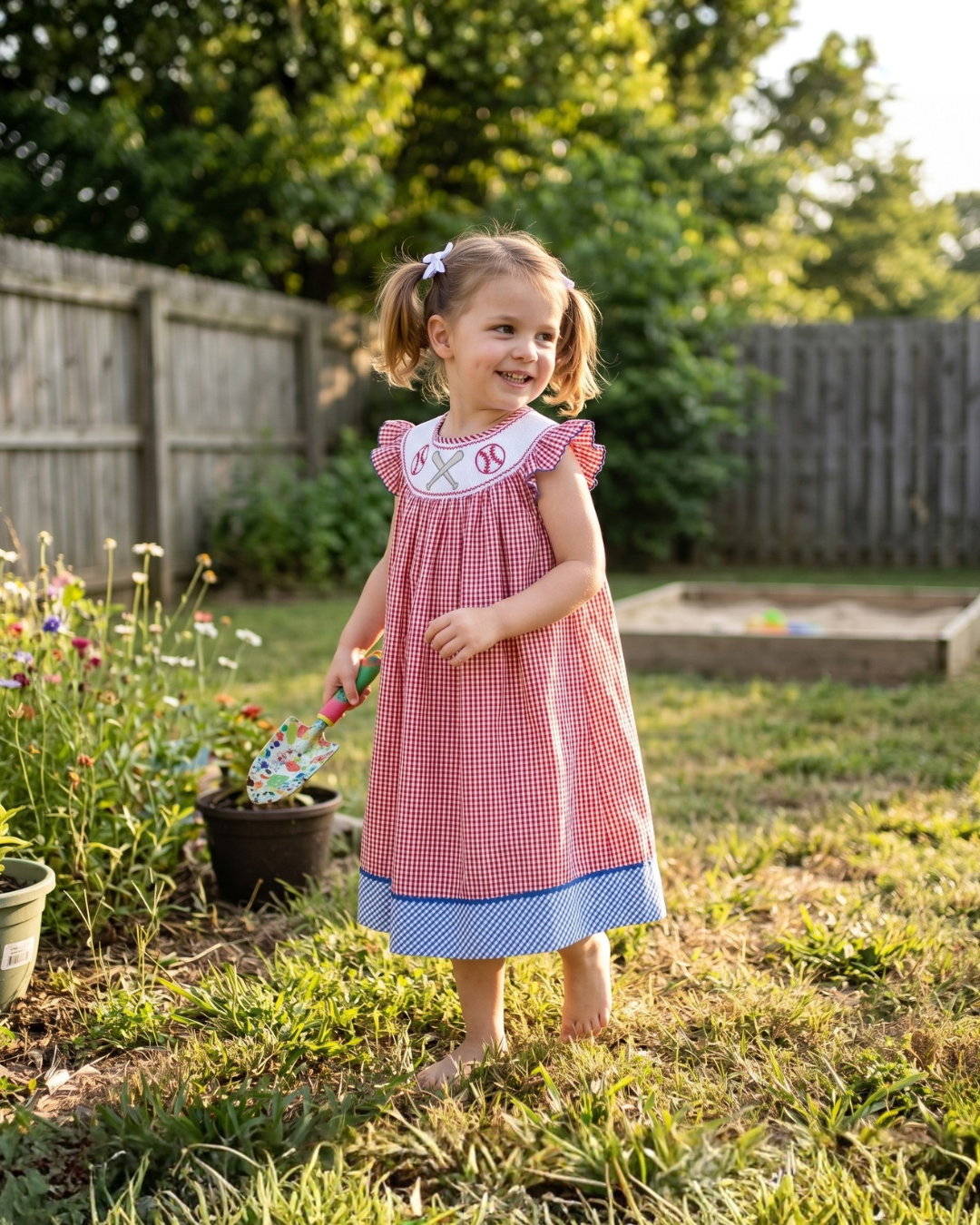 Red Gingham and Blue Baseball Smocked Bishop Dress