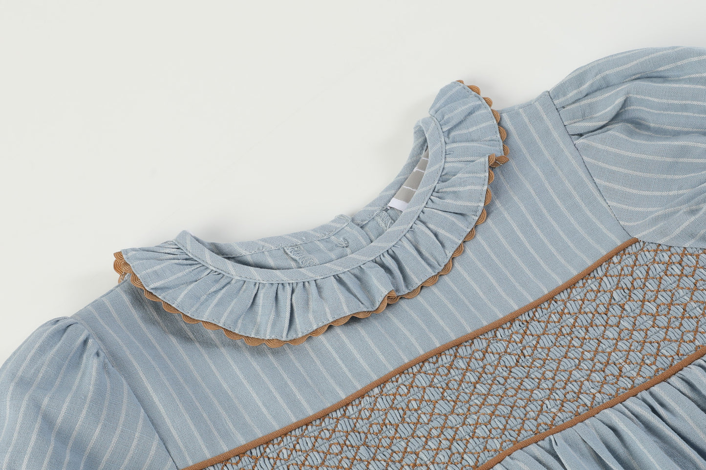 Blue Pinstripe Brown Smocked Ruffle Collar Dress