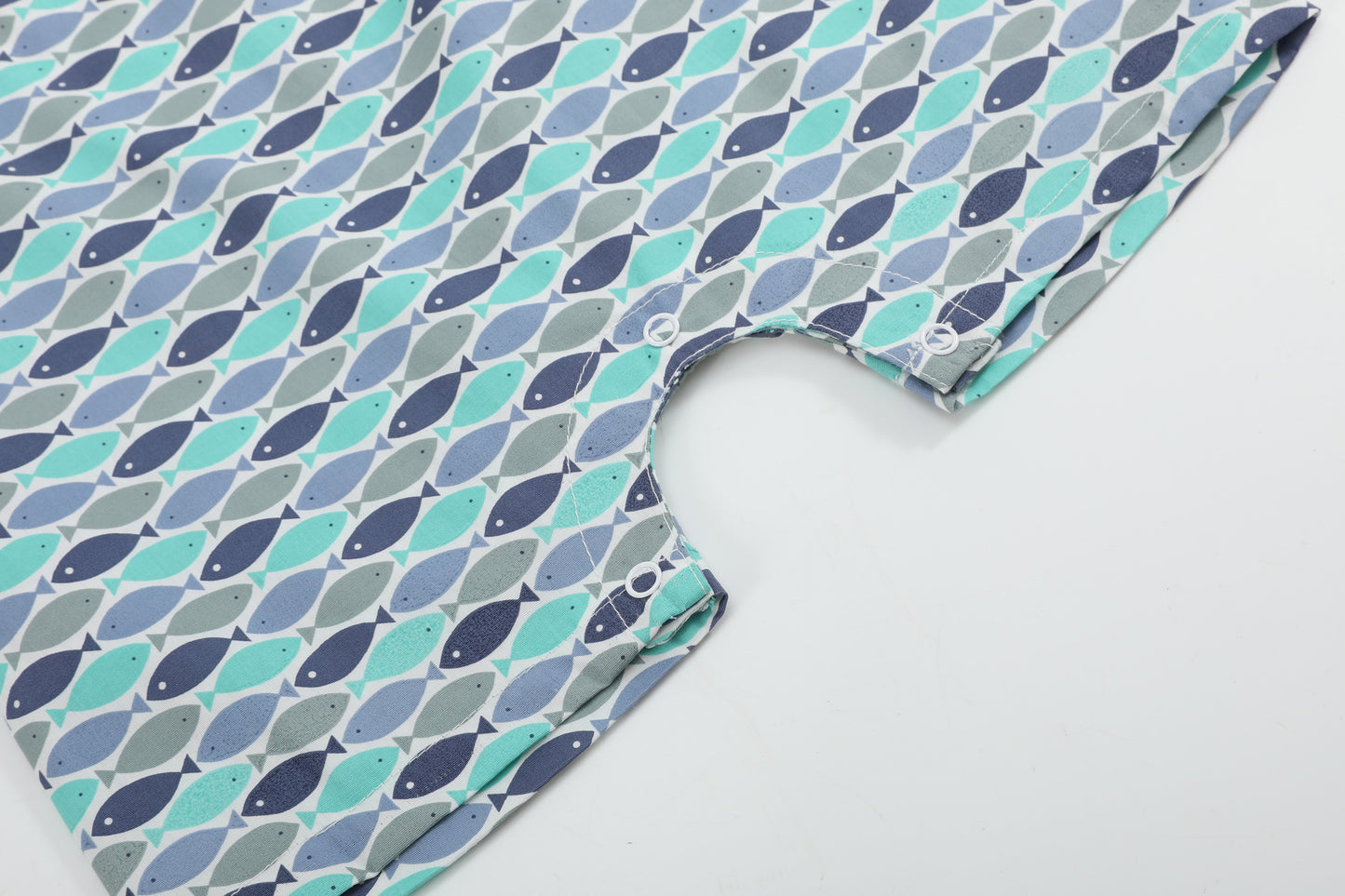Blue Green Fish Print Smocked Shortalls