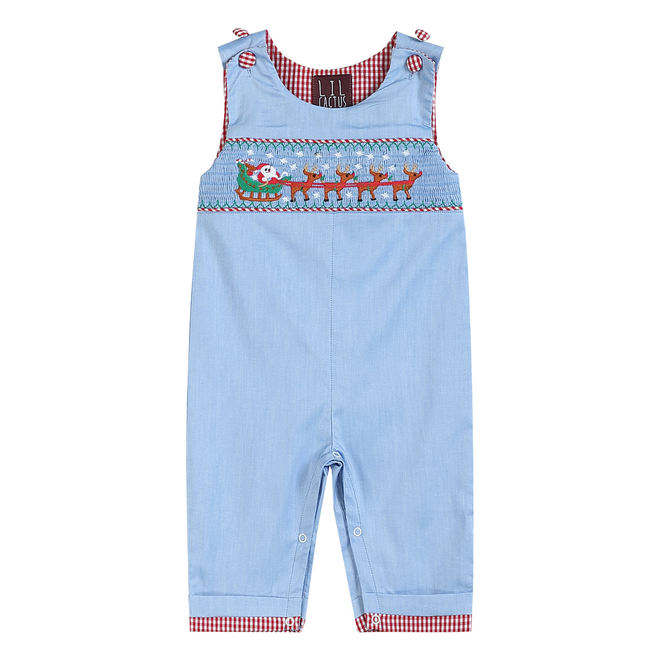 Light Blue Smocked Santa and Sleigh Overalls