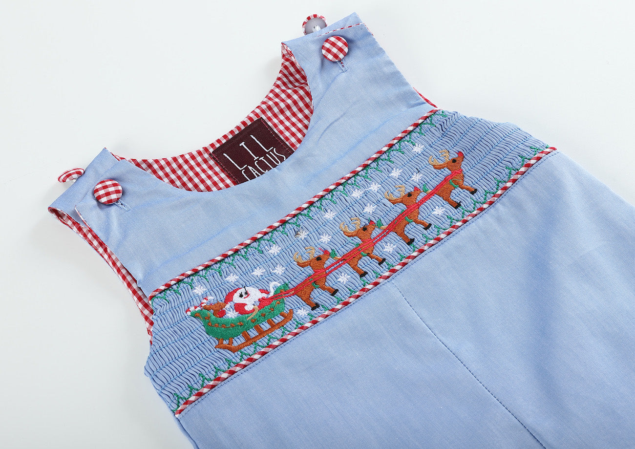 Light Blue Smocked Santa and Sleigh Overalls