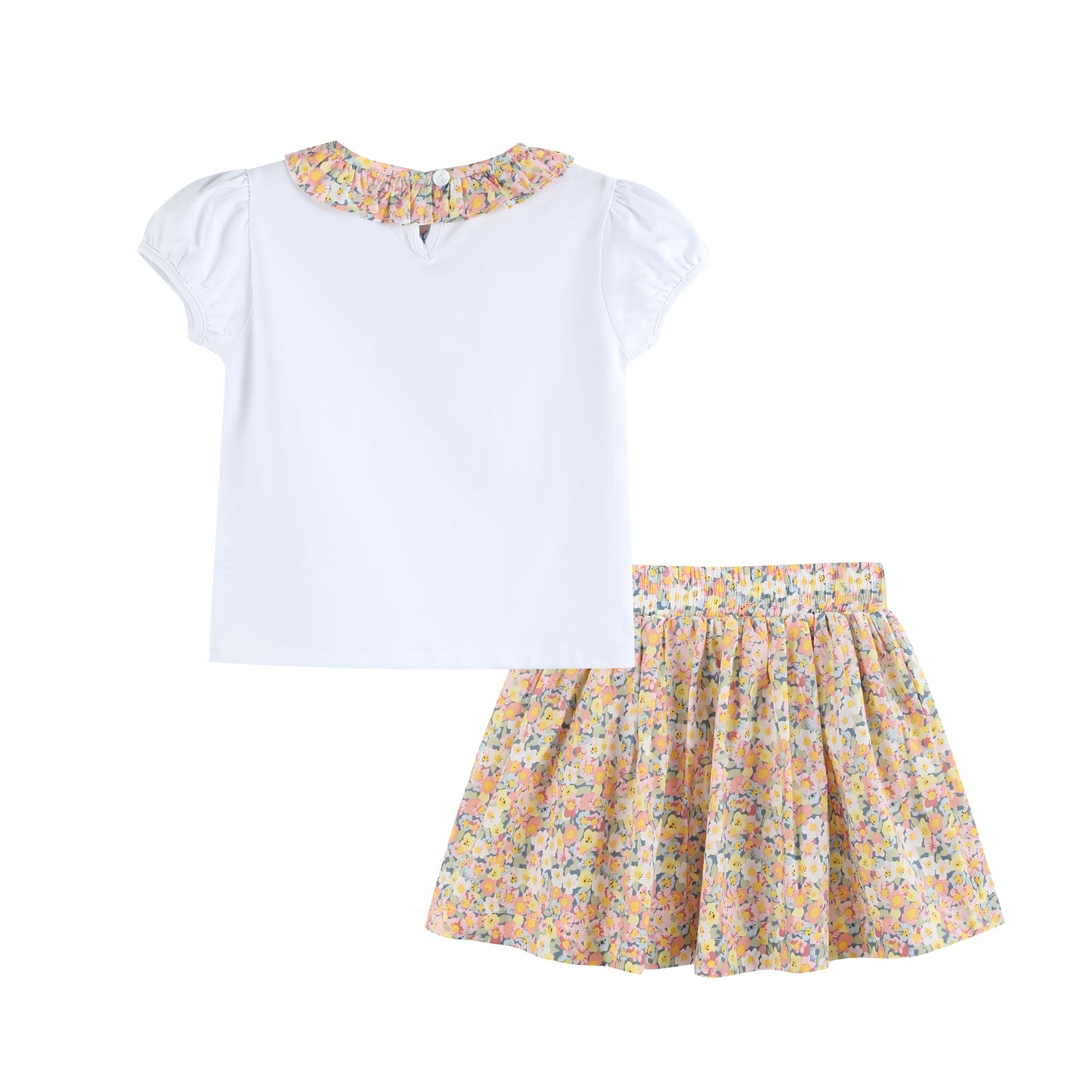 Peach Floral Print Skort and Collared Ruffle Shirt 2pc Set