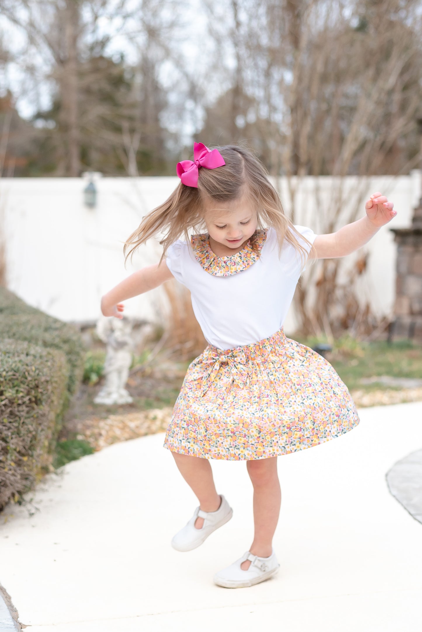 Peach Floral Print Skort and Collared Ruffle Shirt 2pc Set
