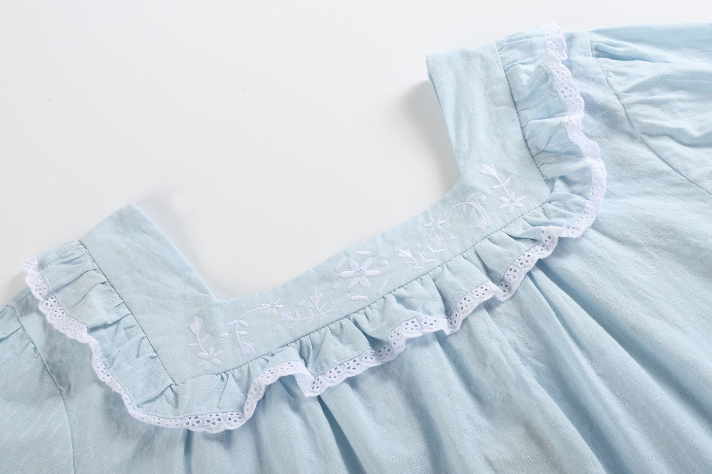 Ladies Light Blue Cotton Ruffle Embroidery Dress