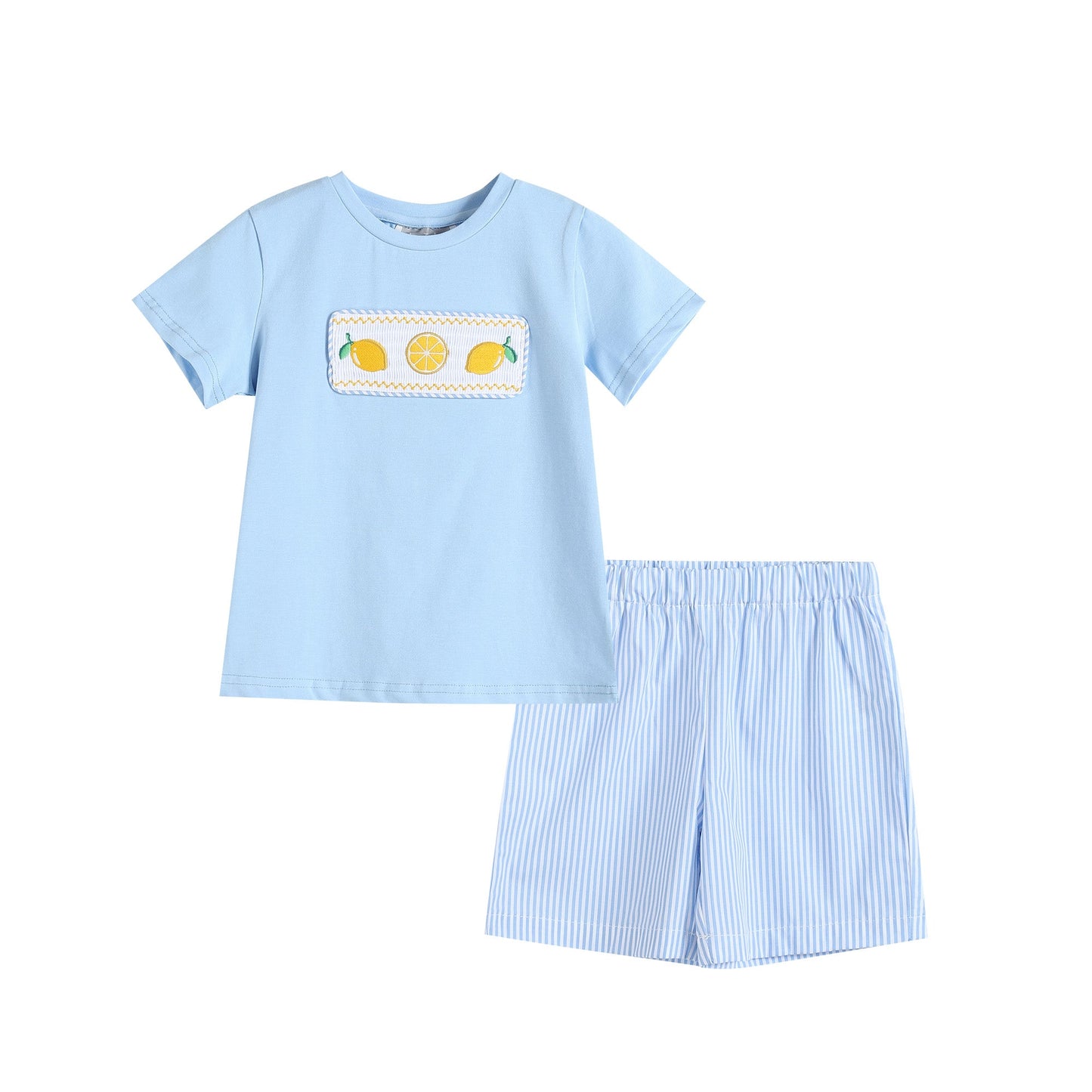 White Lemon Smocked Tee and Blue Striped Shorts