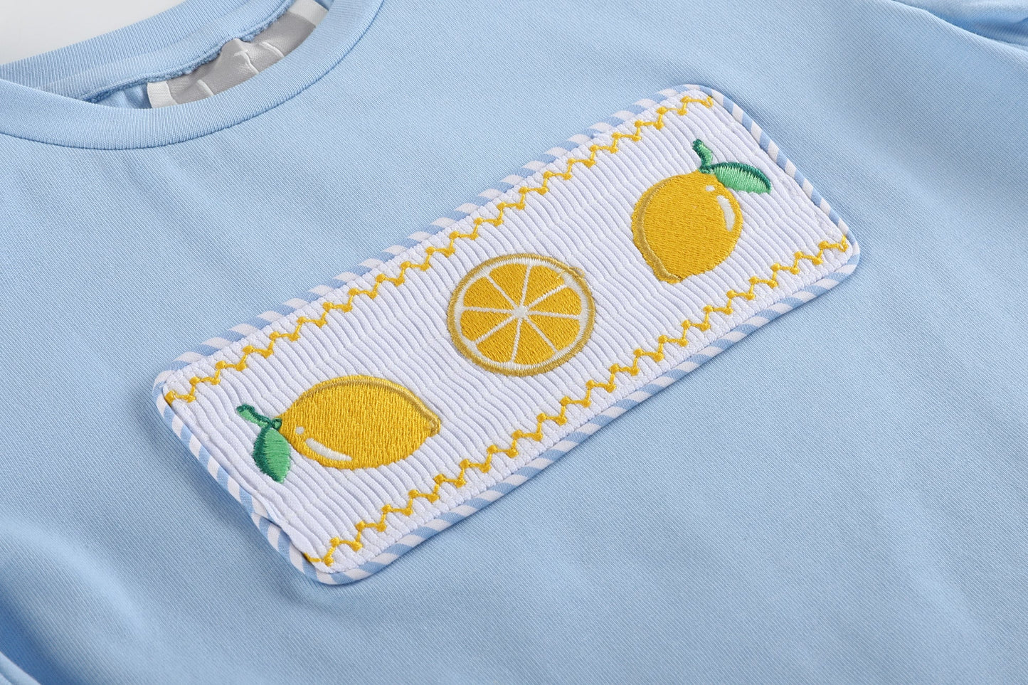 White Lemon Smocked Tee and Blue Striped Shorts