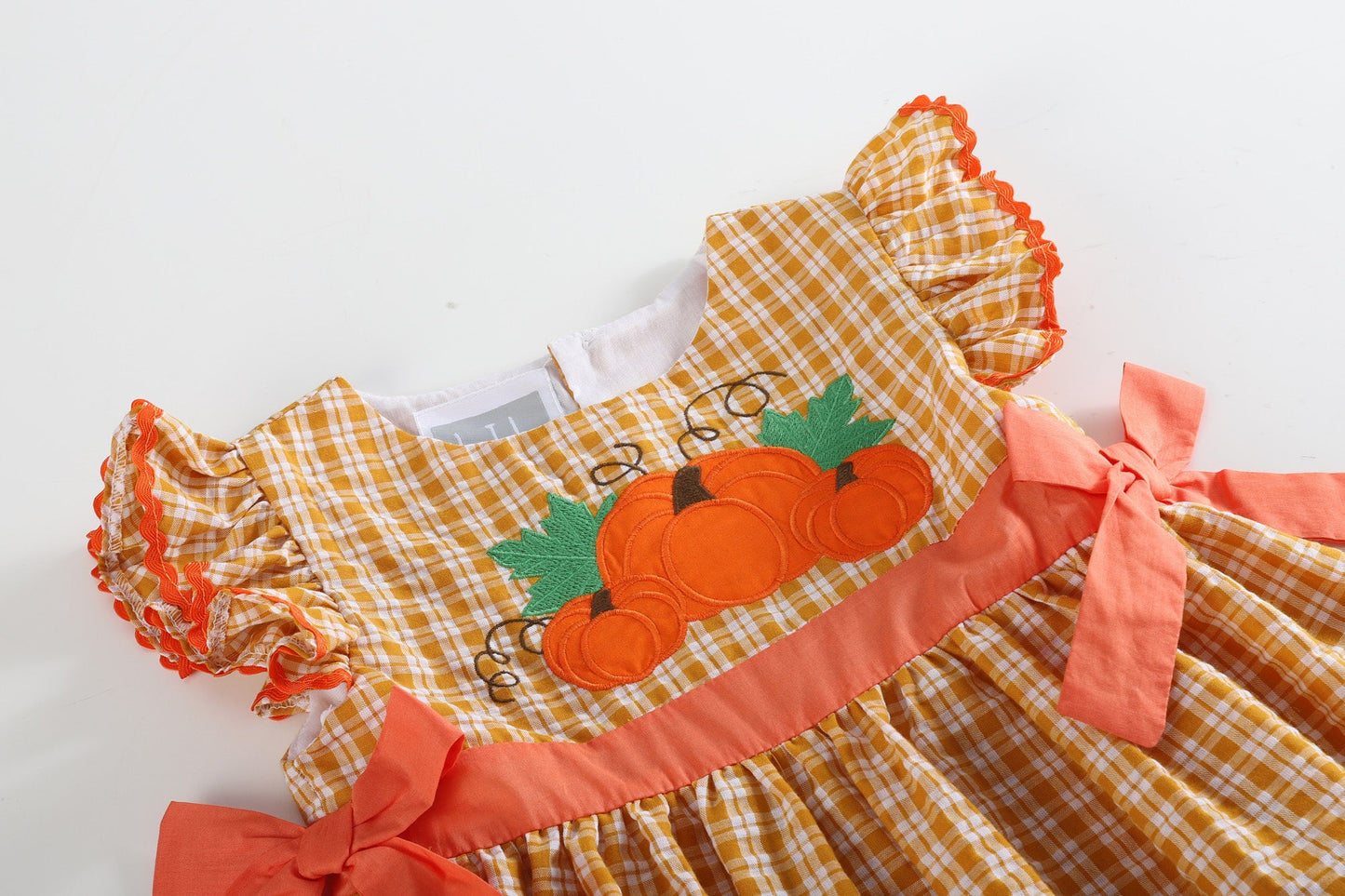 Orange Gingham Ruffle Pumpkin Bow Dress