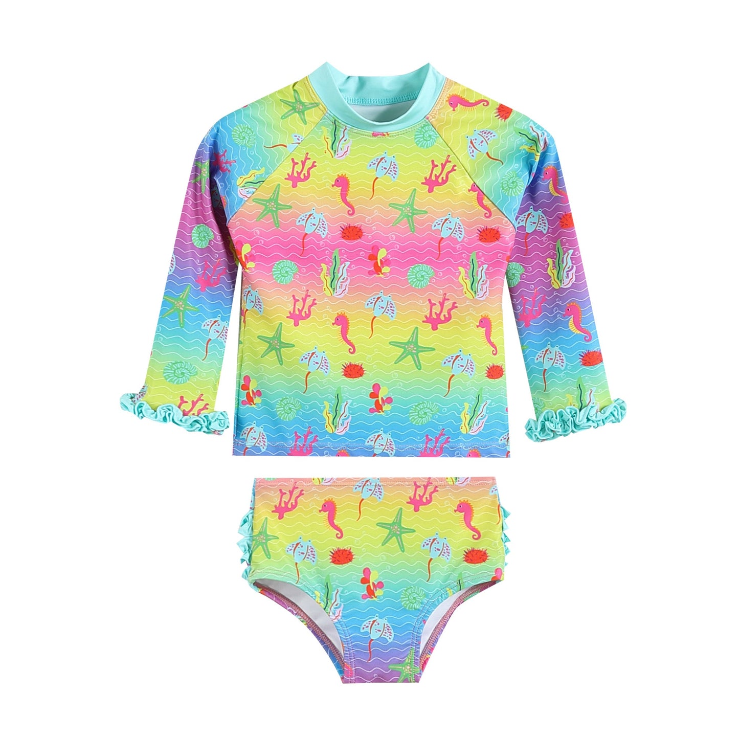 Rainbow Sea Creatures Ruffle Rashguard 2 pc Set