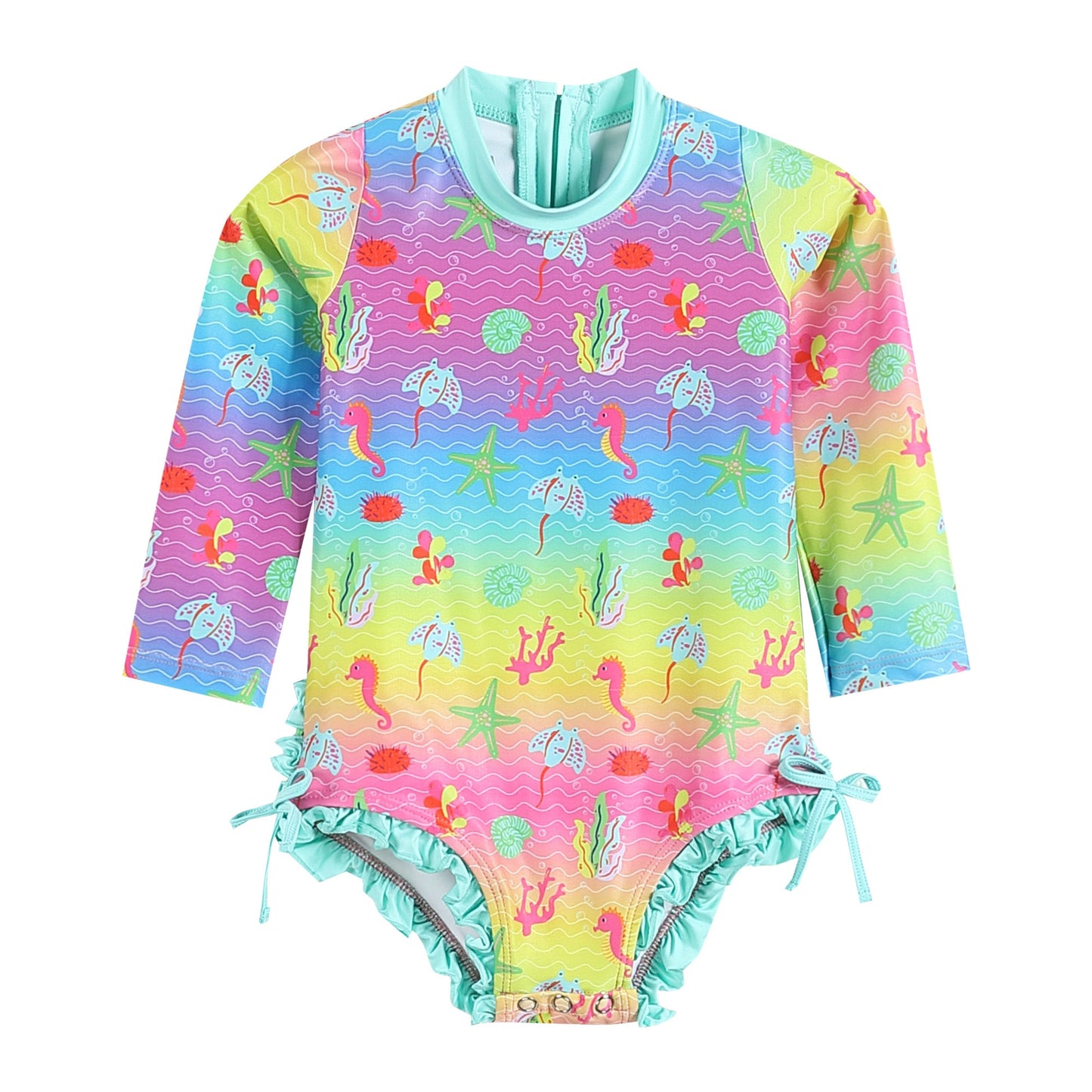 Rainbow Sea Creatures Long Sleeve Ruffle Swimsuit