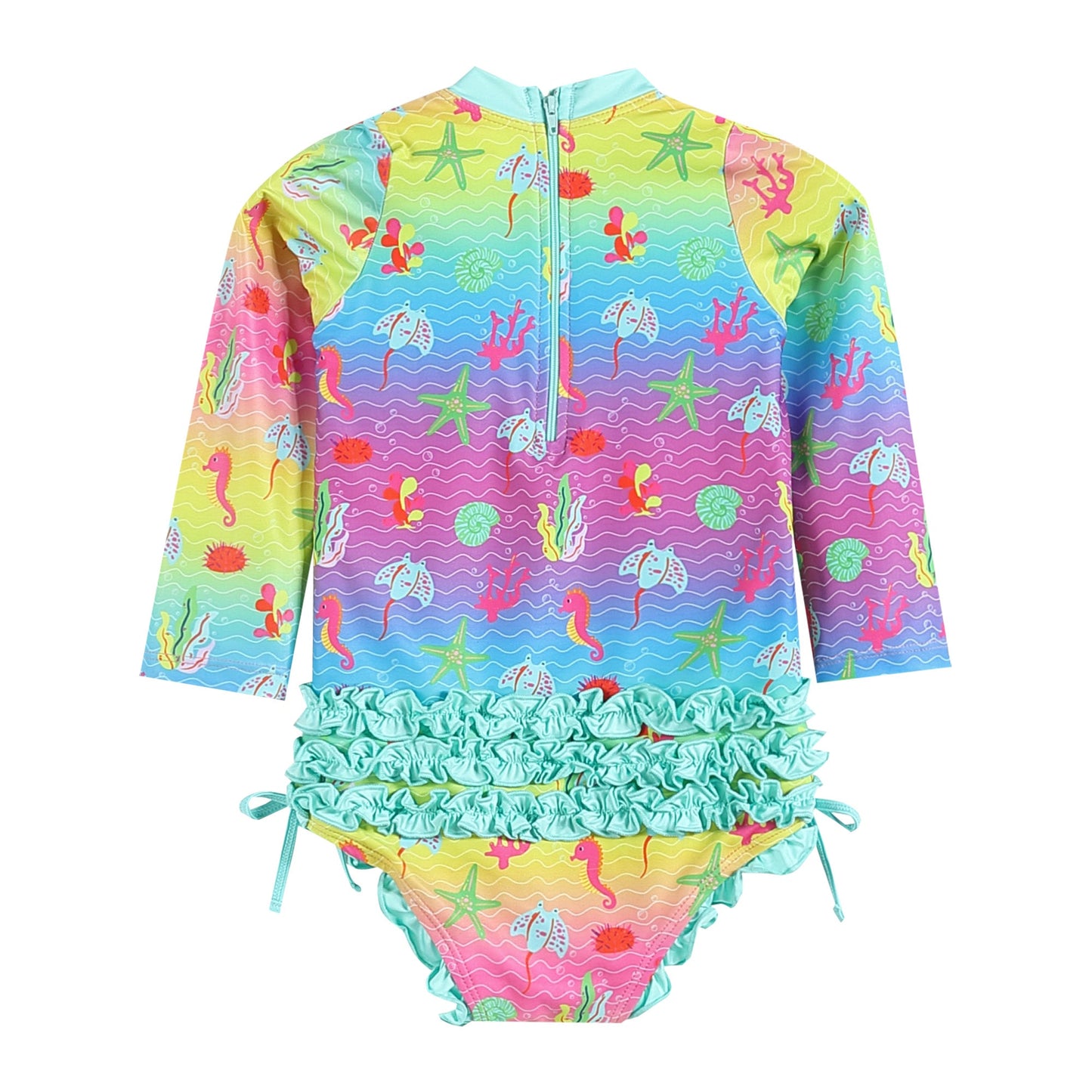 Rainbow Sea Creatures Long Sleeve Ruffle Swimsuit