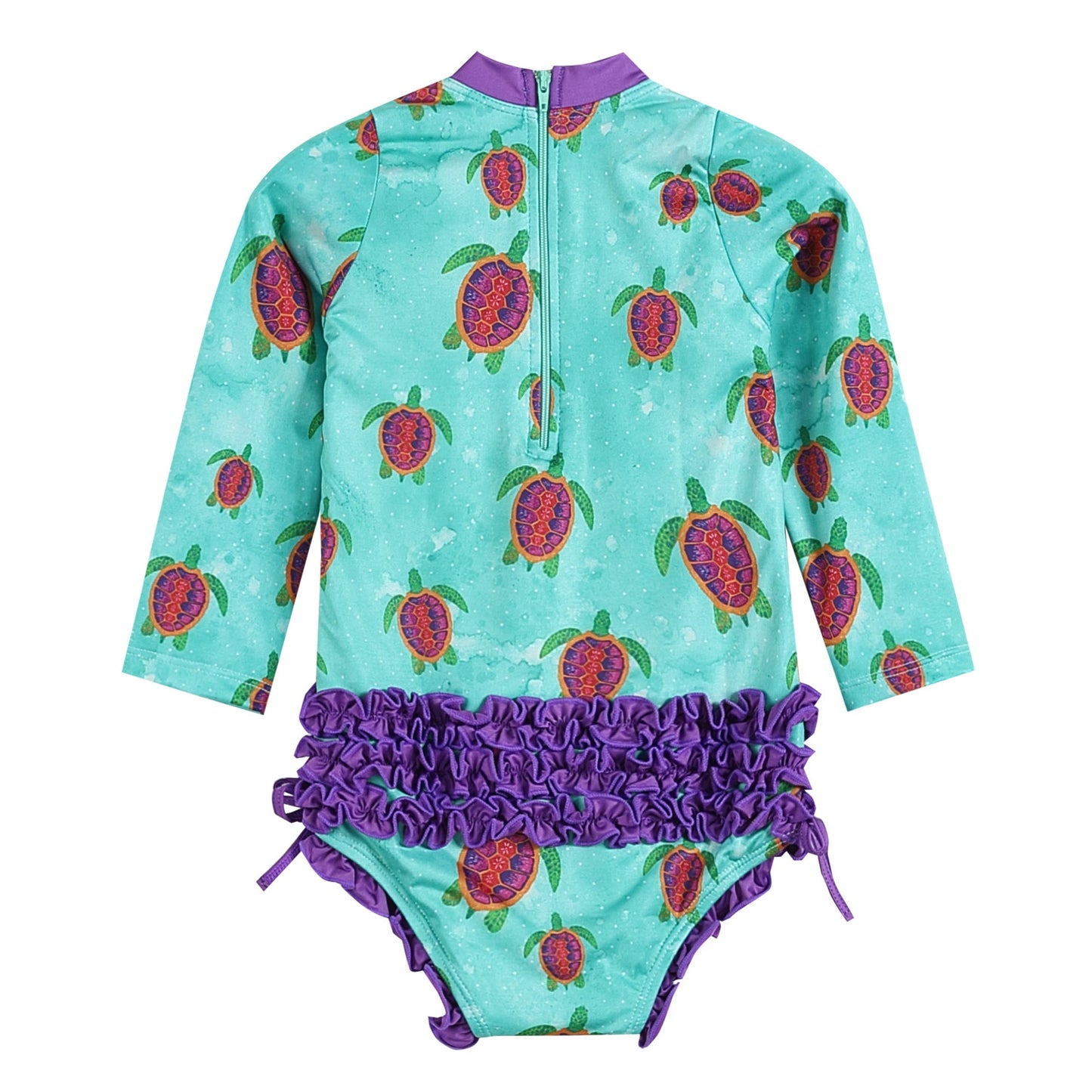 Turquoise Turtle Long Sleeve Ruffle Swimsuit