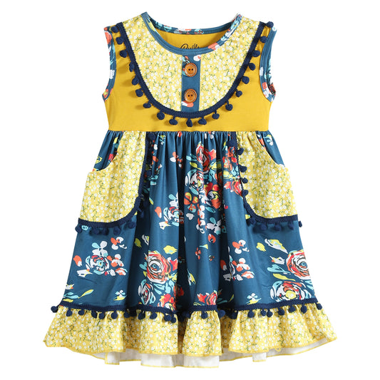 Ruffles - Mustard & Cobalt Floral Pom Pom-Trim A-Line Dress