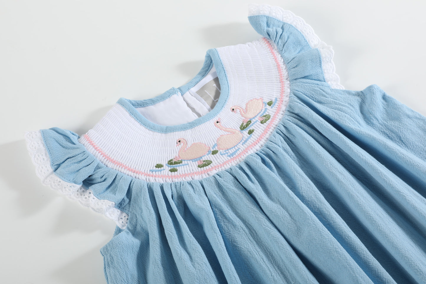 Light Blue Swan Smocked Bishop Dress