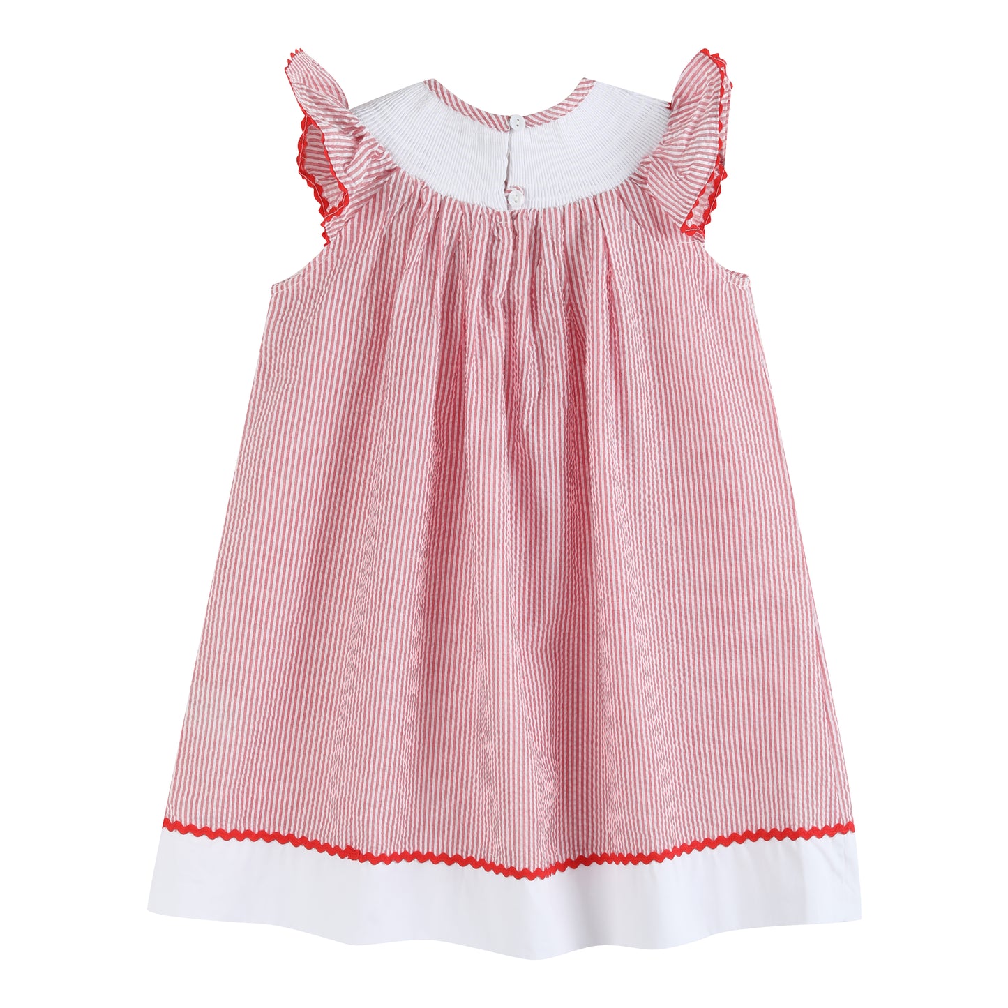 Red Seersucker Strawberry Smocked Bishop Dress