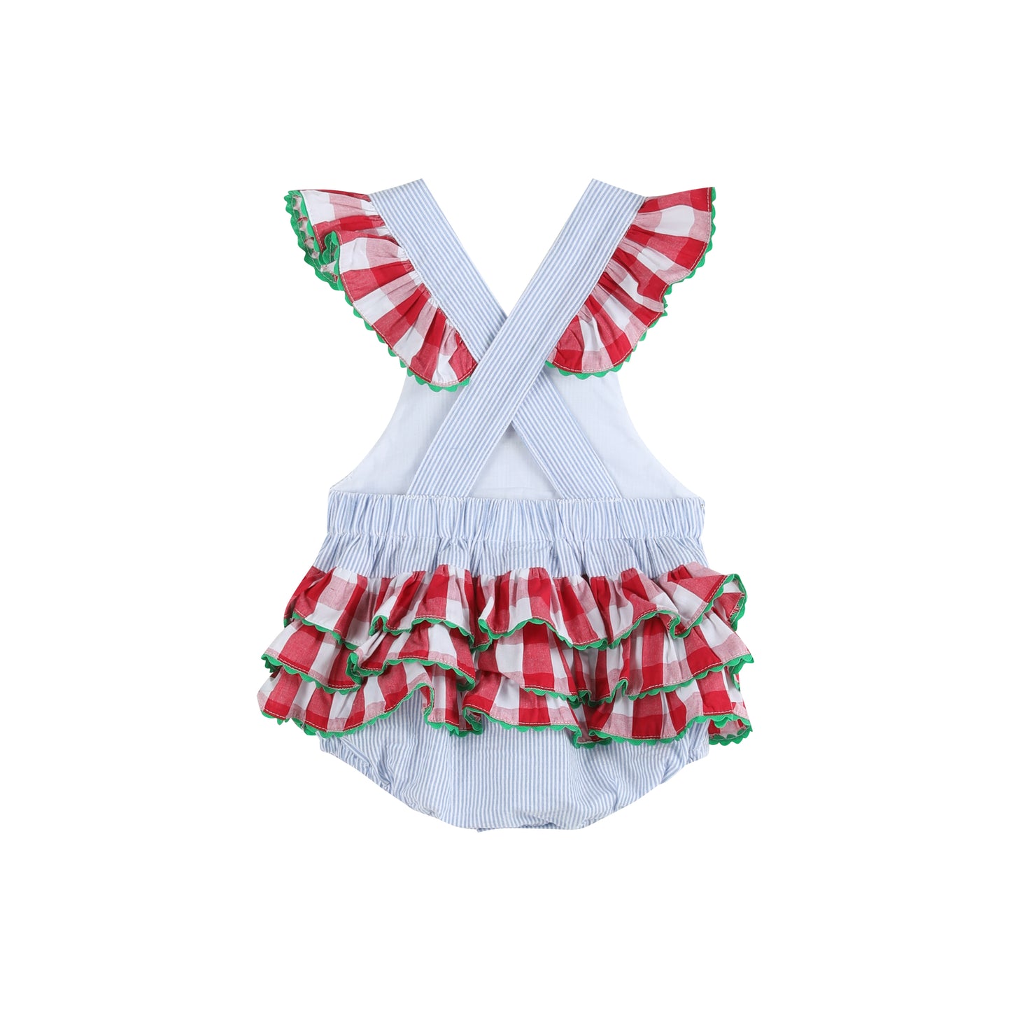 Light Blue Seersucker and Gingham Watermelon Ruffle Romper