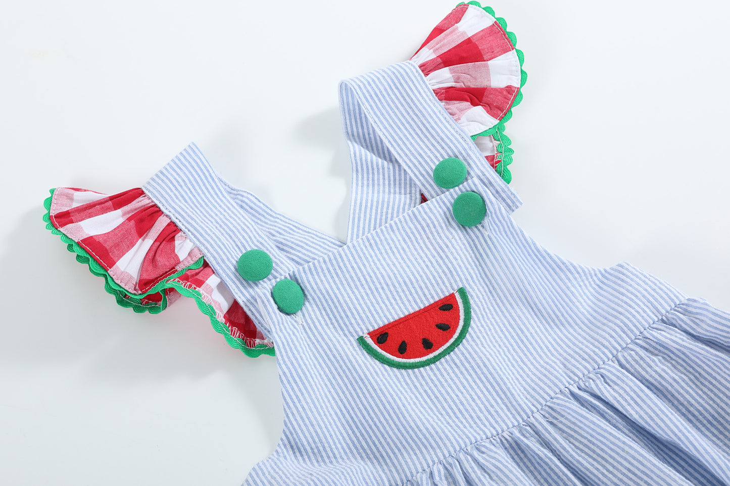 Light Blue Seersucker and Gingham Watermelon Ruffle Romper