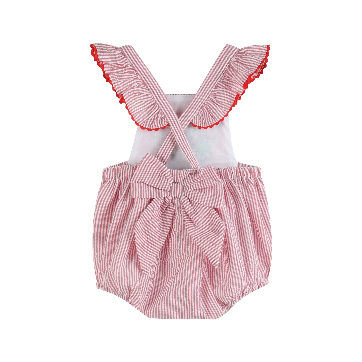 Red Seersucker Strawberry Ruffle Romper