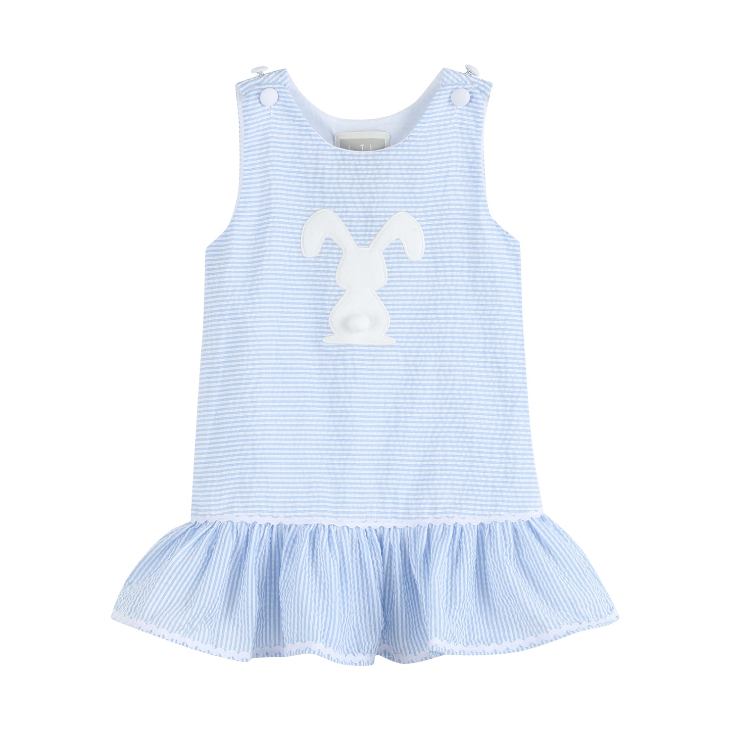 Light Blue Seersucker Pom Pom Bunny Swing Dress