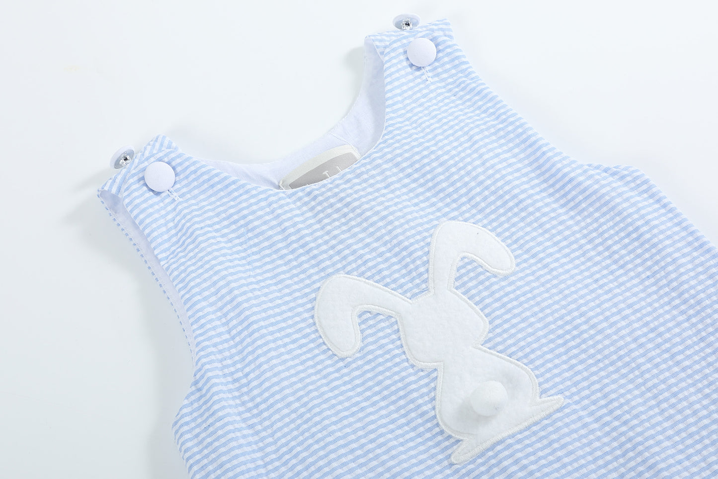 Light Blue Seersucker Pom Pom Bunny Swing Dress