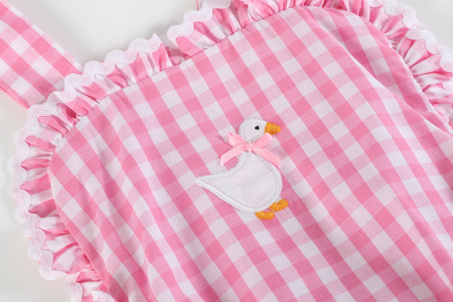 Pink Gingham Goose Ruffle Bow Romper