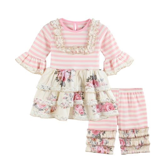 Ruffles - Pink Floral Layer A-Line Dress & Cream Stripe Ruffle Capri Pants