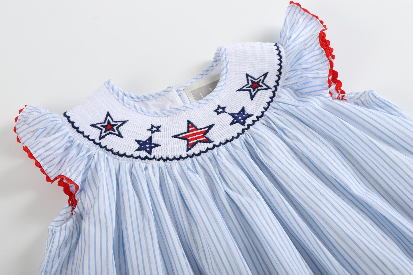 Blue Striped Americana Stars Smocked Bishop Dress