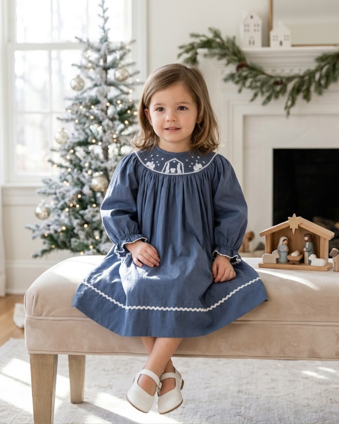 Navy Blue Nativity Long Sleeve Smocked Bishop Dress