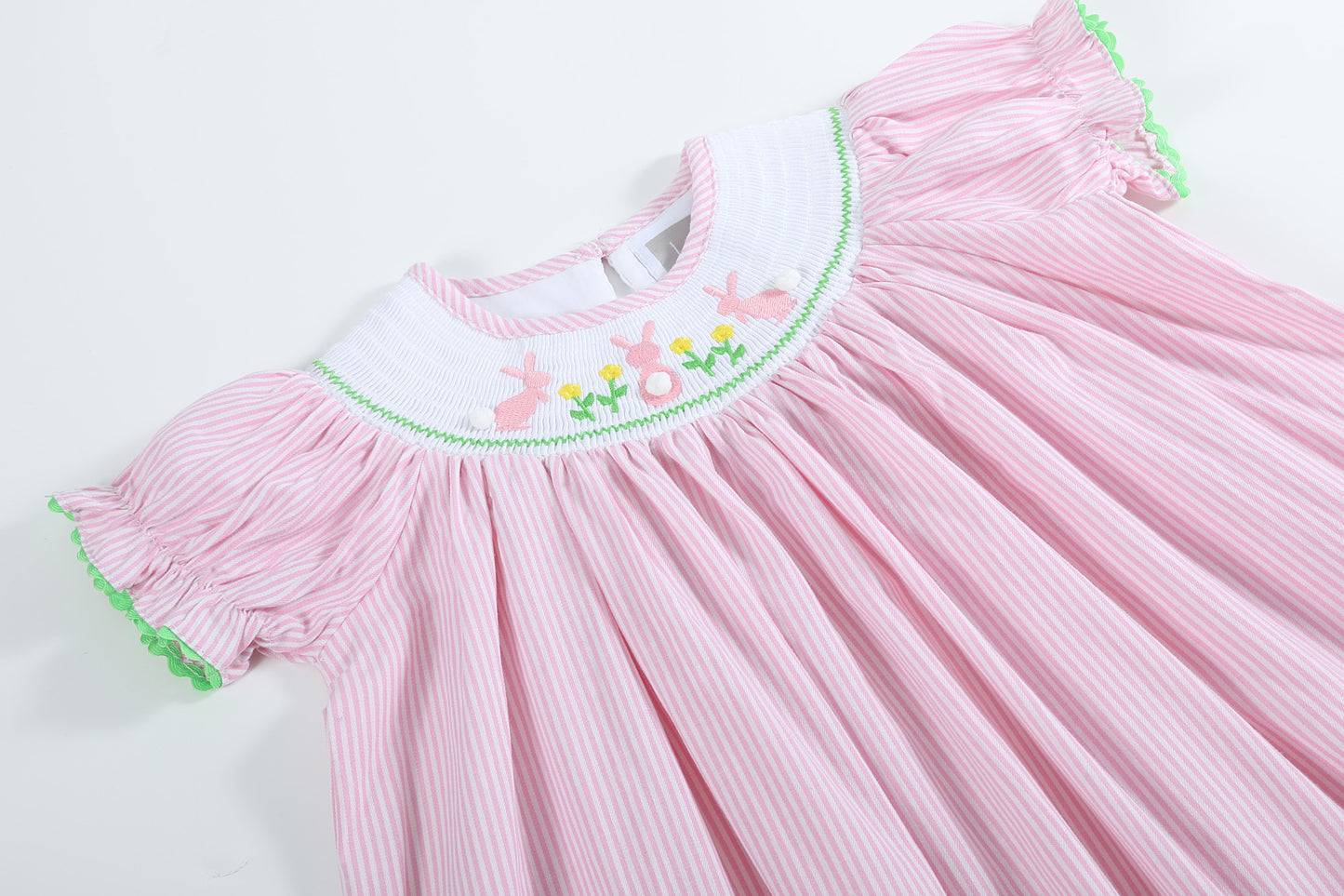 Pink Pinstripe Pom Pom Bunny Smocked Bishop Dress