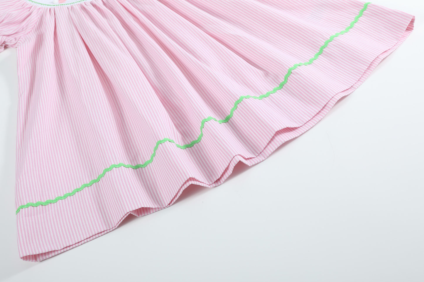Pink Pinstripe Pom Pom Bunny Smocked Bishop Dress