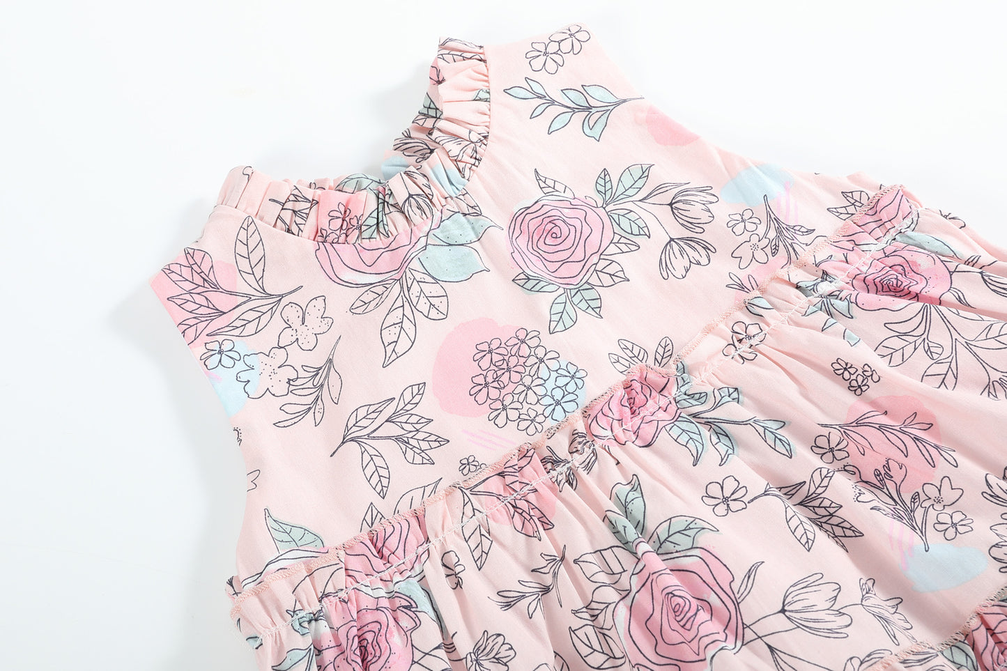 Pink Rose Print Tiered Dress