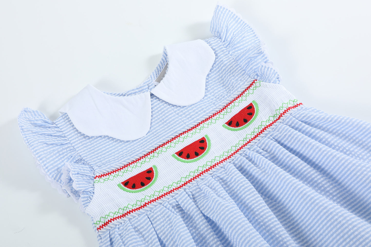 Blue Seersucker Watermelon Smocked A-Line Dress