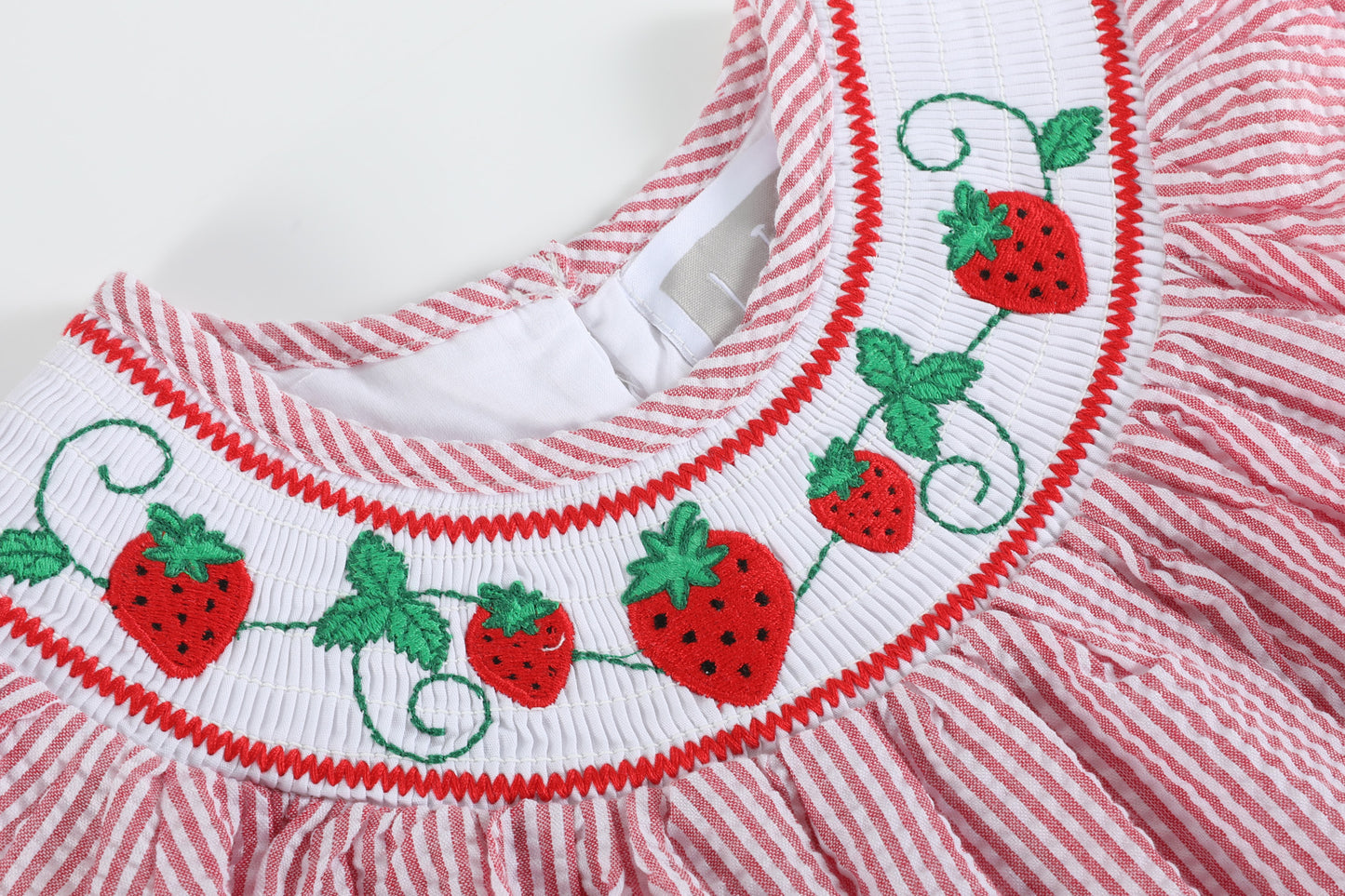 Red Seersucker Strawberry Smocked Bishop Dress