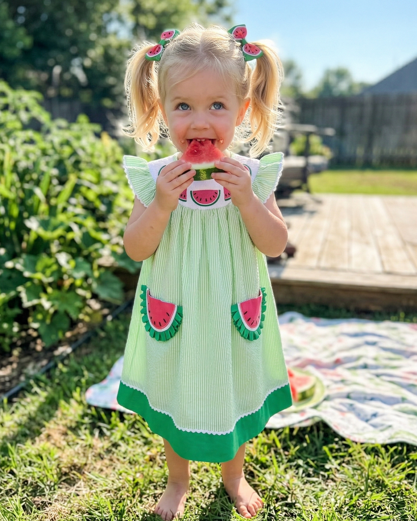Green Seersucker Watermelon Smocked Bishop Dress