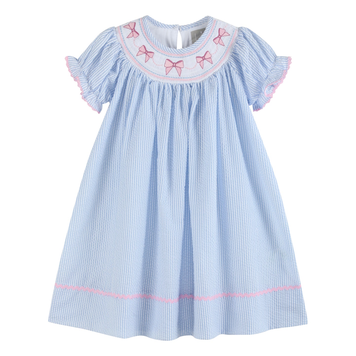 Blue Seersucker Bow Smocked Bishop Dress