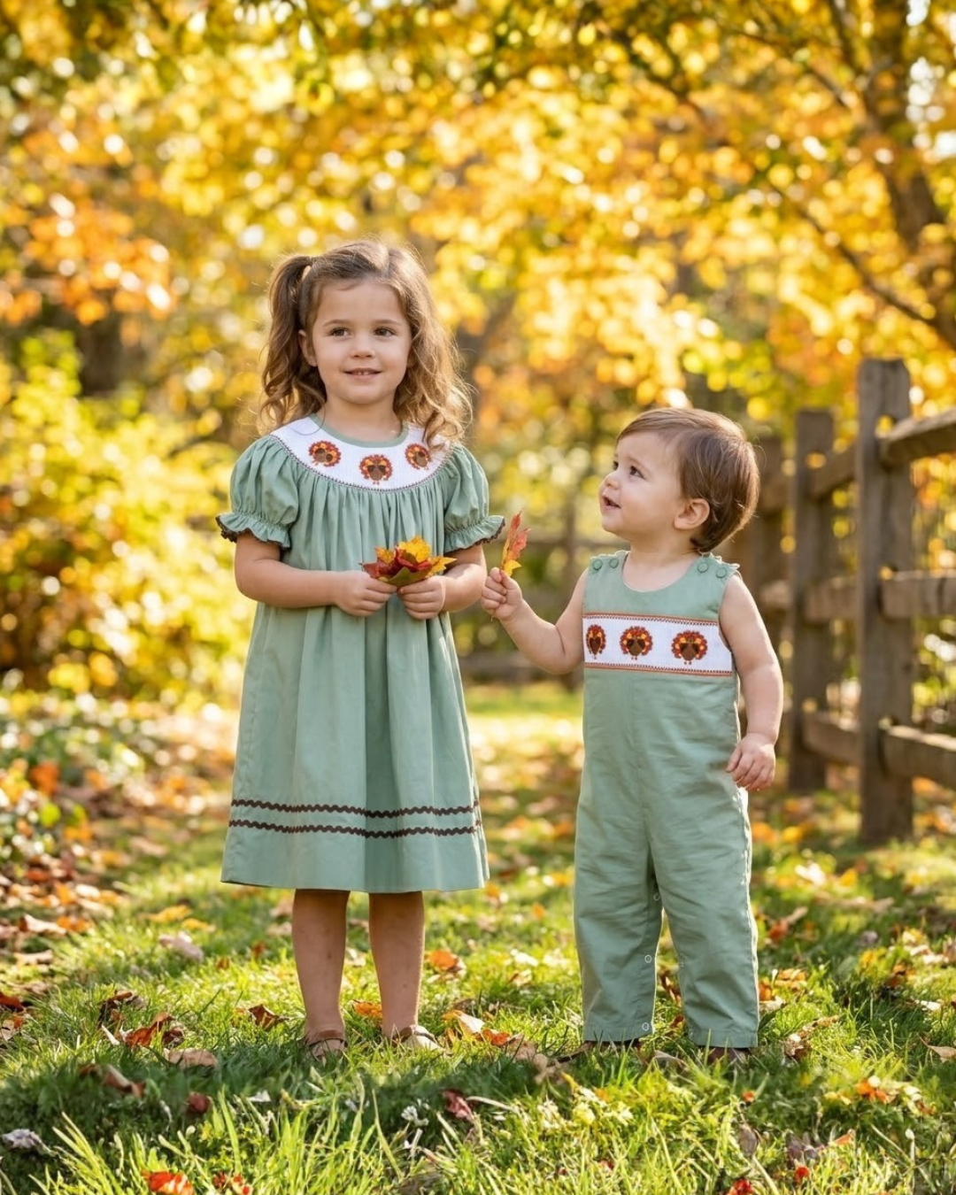 Sage Green Turkey Smocked Overalls