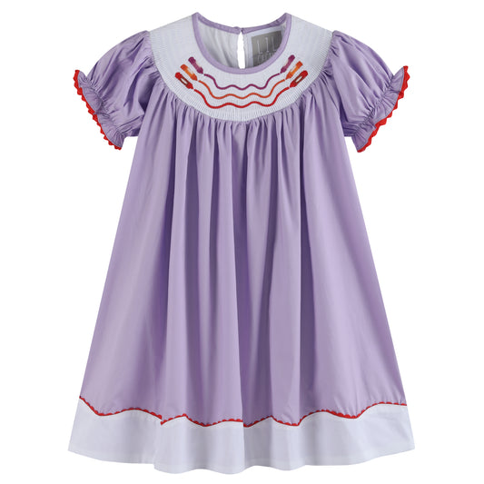 Purple Gingham Crayon Back to School Smocked Bishop Dress