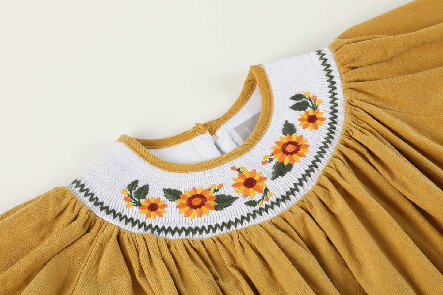 Gold Corduroy Sunflower Smocked Bishop Dress