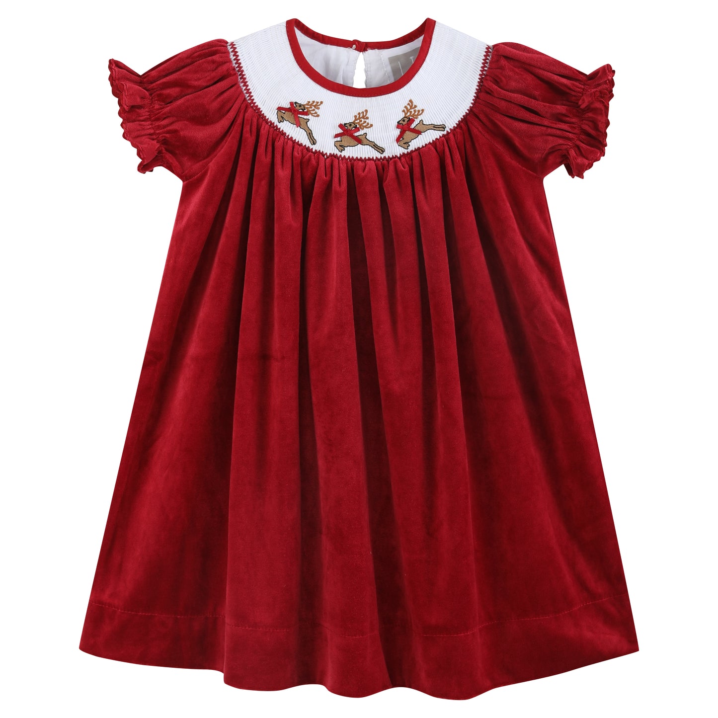 Red Velour Reindeer Smocked Bishop Dress