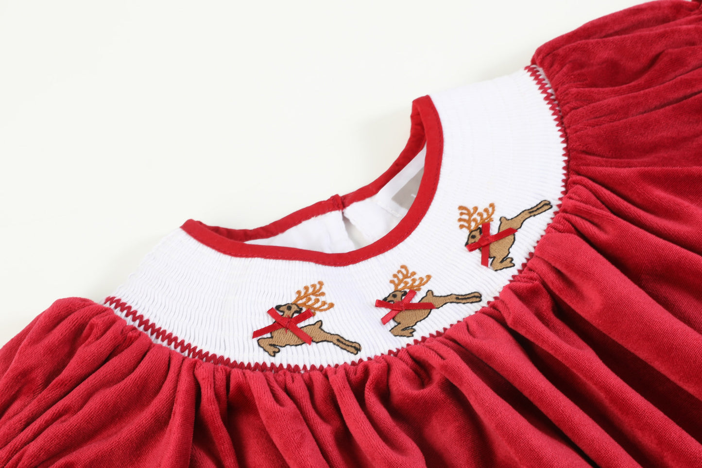 Red Velour Reindeer Smocked Bishop Dress