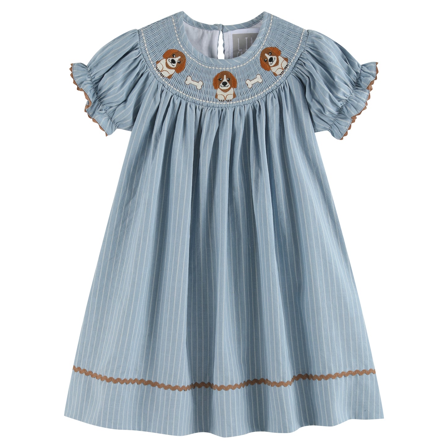 Light Blue Puppy Smocked Bishop Dress