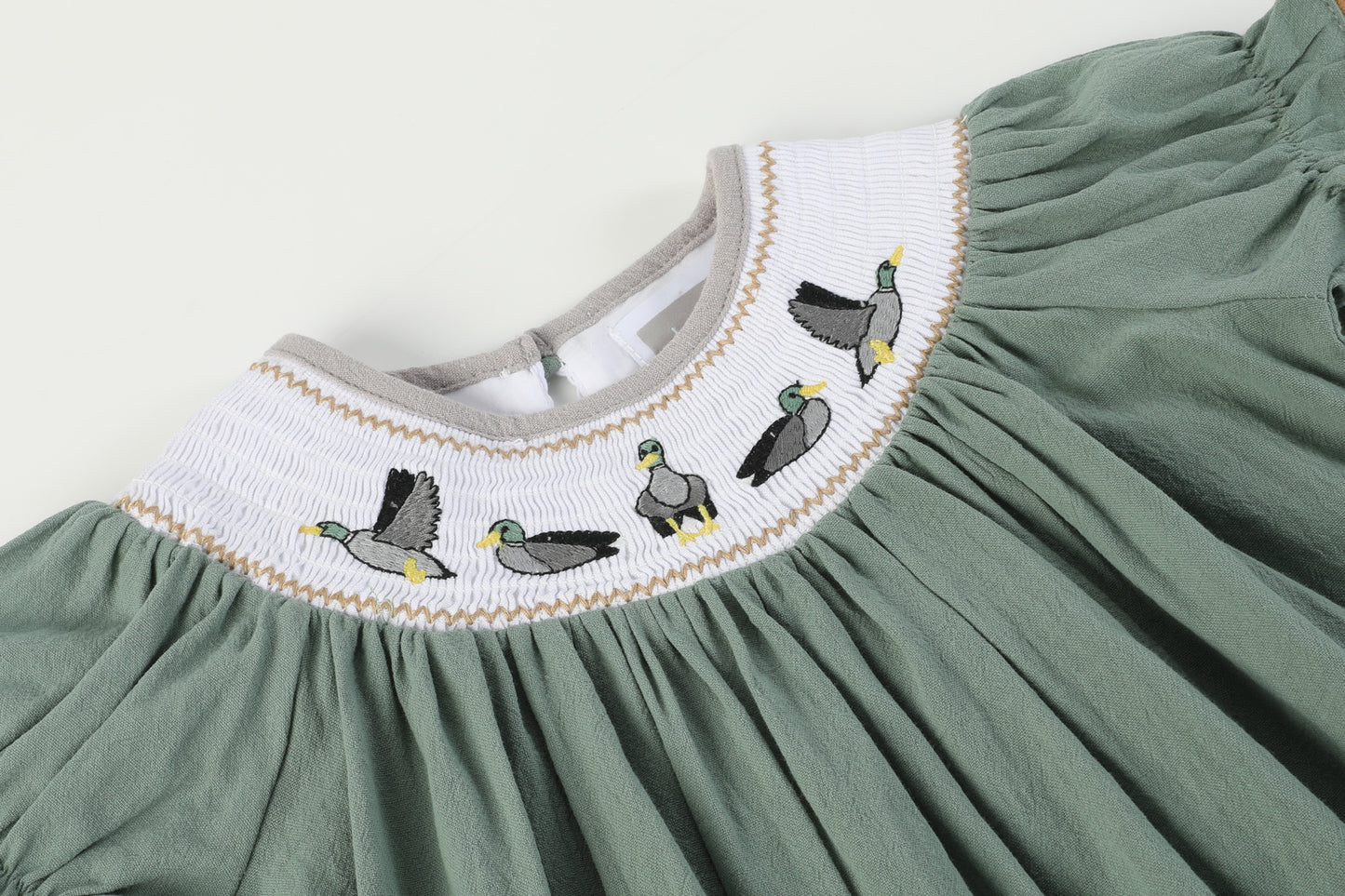 Sage Green Mallard Smocked Bishop Dress