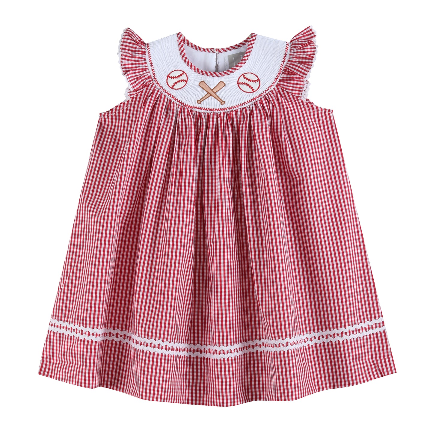 Red Gingham Baseball Smocked Bishop Dress