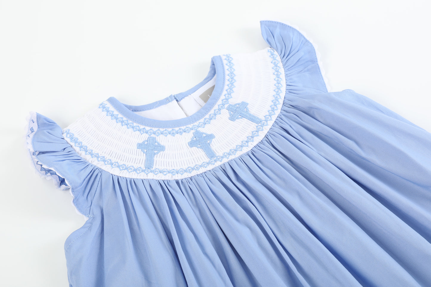 Periwinkle Blue Crosses Smocked Bishop Dress