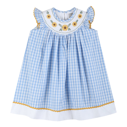 Blue Gingham Sunflower Smocked Bishop Dress