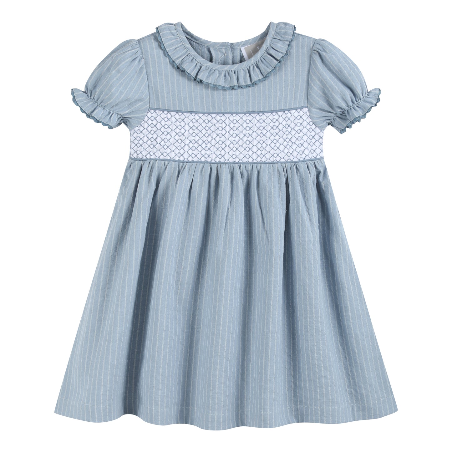 Light Blue Pinstripe Smocked Ruffle Dress